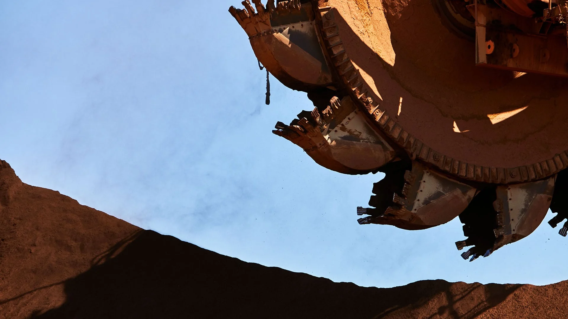 Close view of a large excavator bucket wheel in the Pilbara